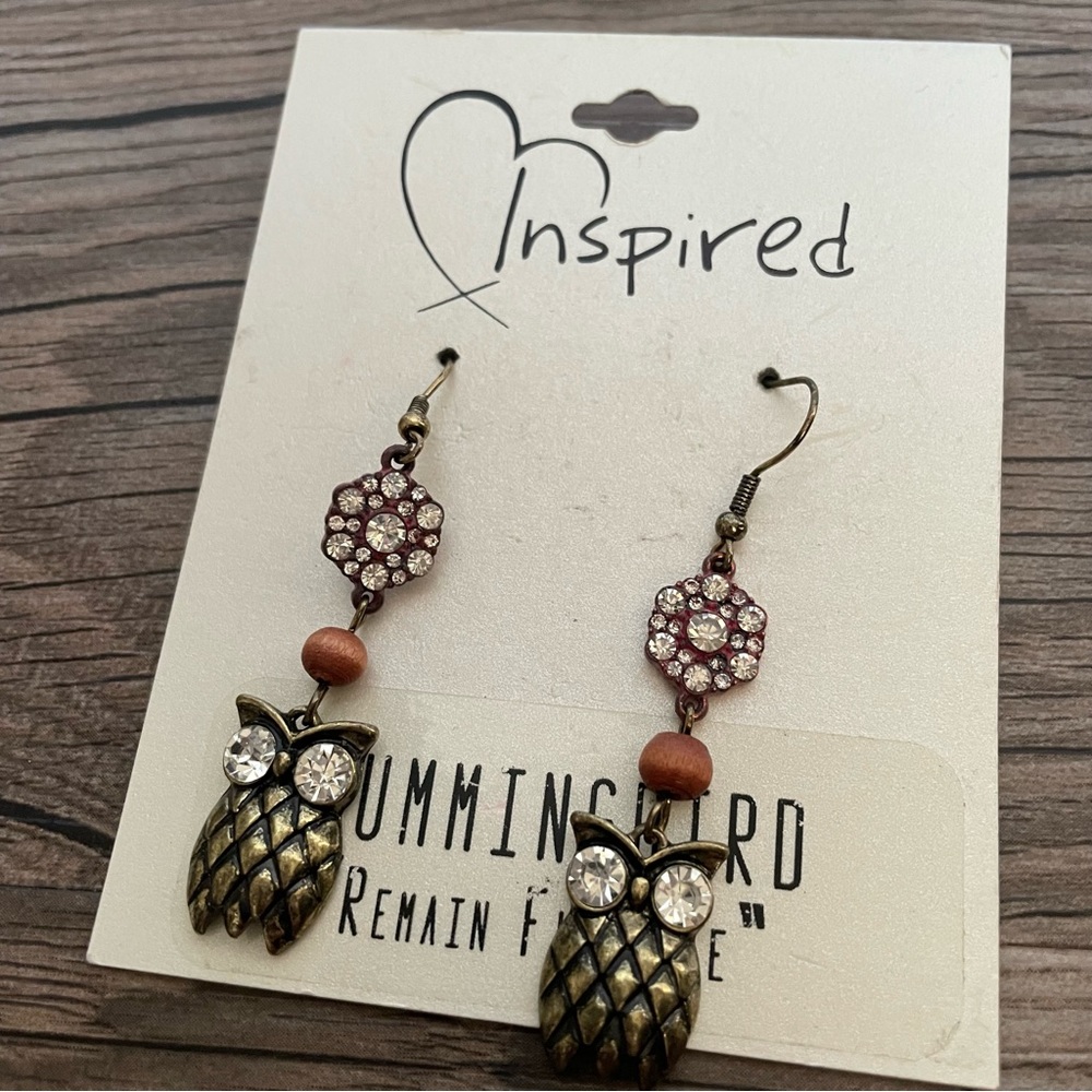 NWT!! Inspired owl earrings with rhinestones!!